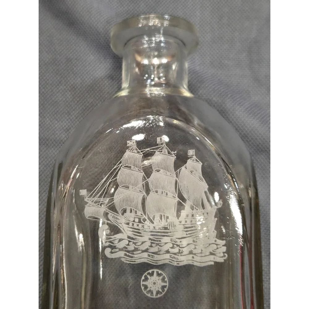 Vintage Armstrong Glass Liquor Decanter Etched Sailing Ship Federal Law Forbids